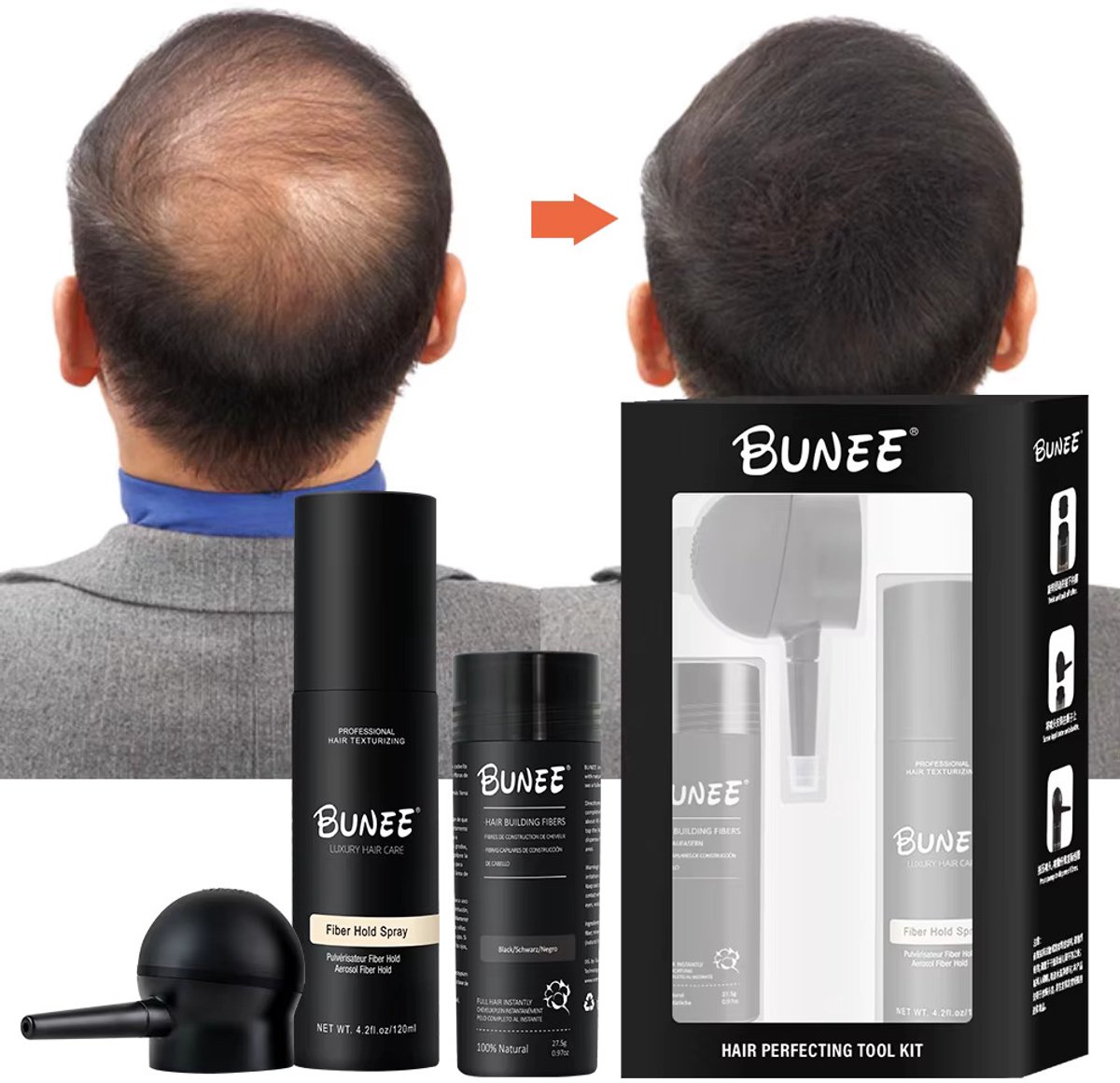 Bunee Hair Volume Fiber Tool Kit - Fiber Hold Spray 120ml en Hair Fiber 27.5 gram Met Spray Applicator (Medium Brown)