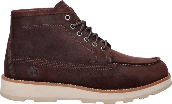 Bruine suède Timberland veterboot met witte stiksels en lichte zool.