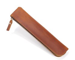 Leather Pouch Crazy Horse 202 * 50 * 17mm Genuine Leather Pencil Pouch Coffee Ultra Slim Rectangular Portable Pen Cases with Zipper for Men and Women Office Supplies, saddle brown