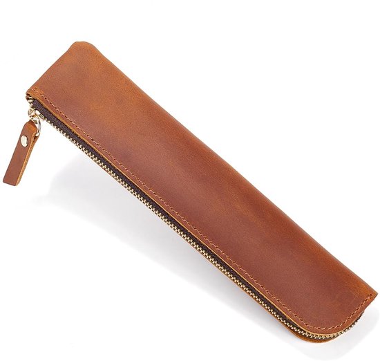 Leather Pouch Crazy Horse 202 * 50 * 17mm Genuine Leather Pencil Pouch Coffee Ultra Slim Rectangular Portable Pen Cases with Zipper for Men and Women Office Supplies, saddle brown