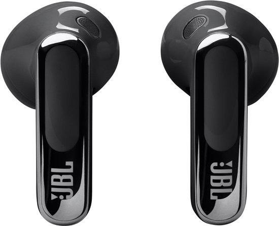 Twee zwarte JBL oordopjes met glanzende zilverkleurige stelen en JBL logo.