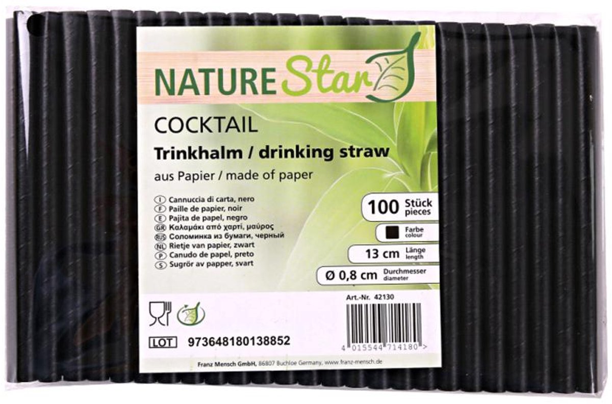 NATURE Star papieren rietjes cocktail 130mm zwart 100 stuks