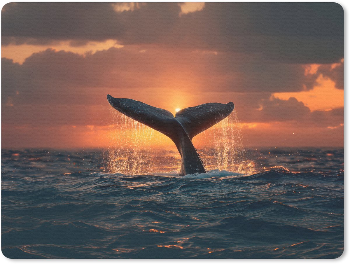 Muismat 23x19 cm - Mousepad Walvis staart - Water - Zonsondergang - Muismatten