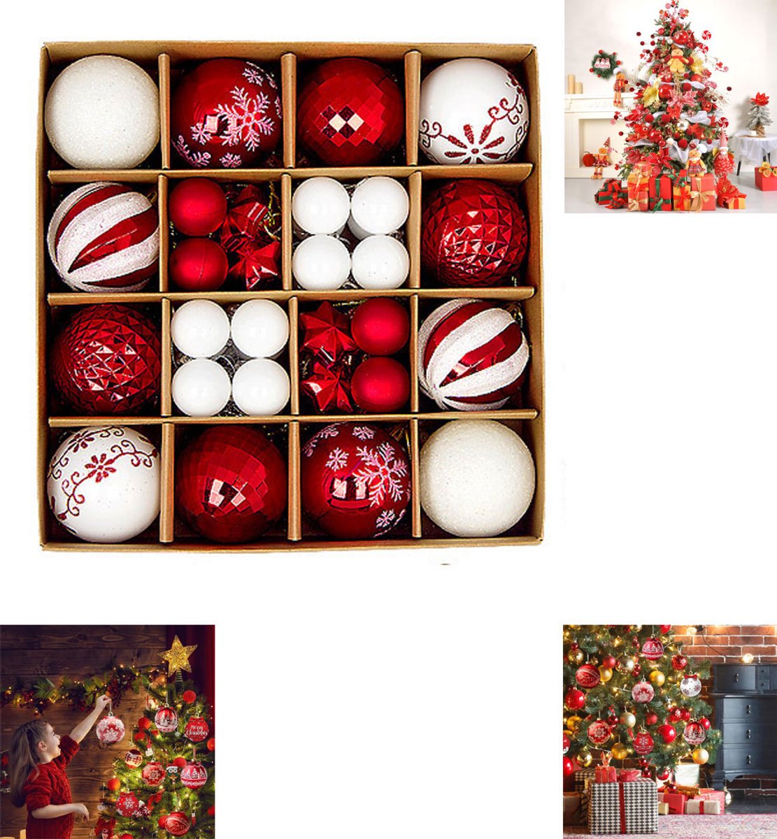 Kerstbalversiering set in rood en wit, diverse maten, feestelijke decoratie.