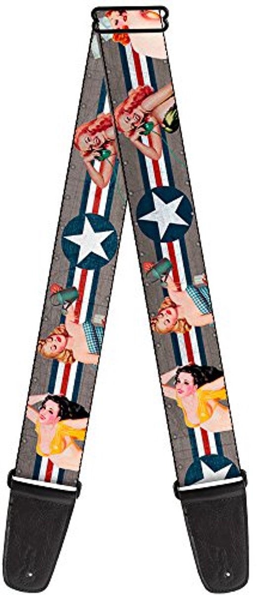 Gitaar Strap Pin Up Girl Poses Close-up Sterren Stripes Grijs Blauw Wit 2 Inch Breed