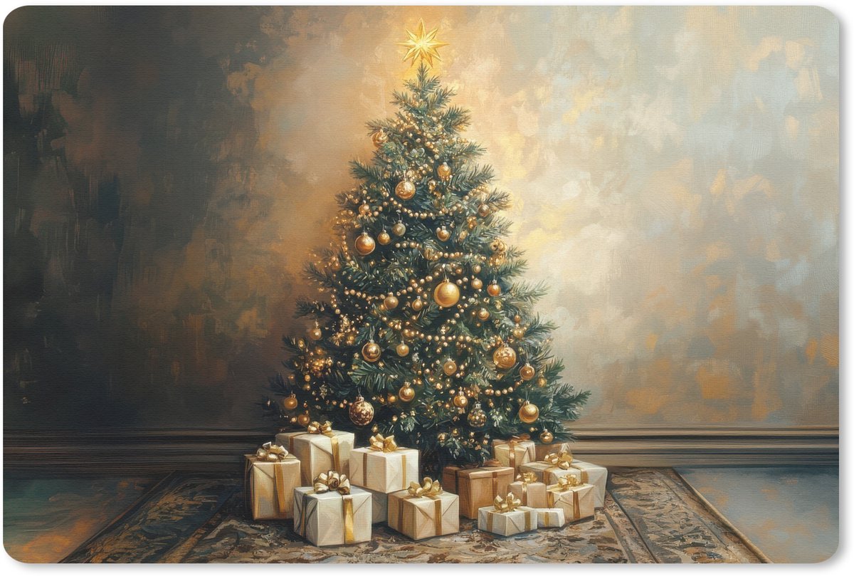 Muismat 27x18 cm - Mousepad Kerstboom - Cadeaus - Goud - Muismatten