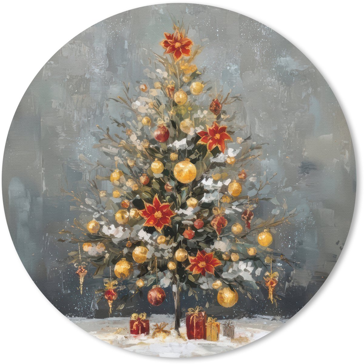 Muismat rond 50x50 cm - Mousepad Kerstboom - Cadeaus - Rood - Goud - Ronde muismatten