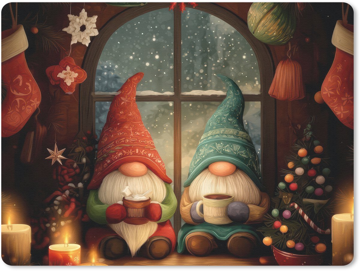Muismat 23x19 cm - Mousepad Gnooms - Kerst - Raam - Kleurrijk - Muismatten
