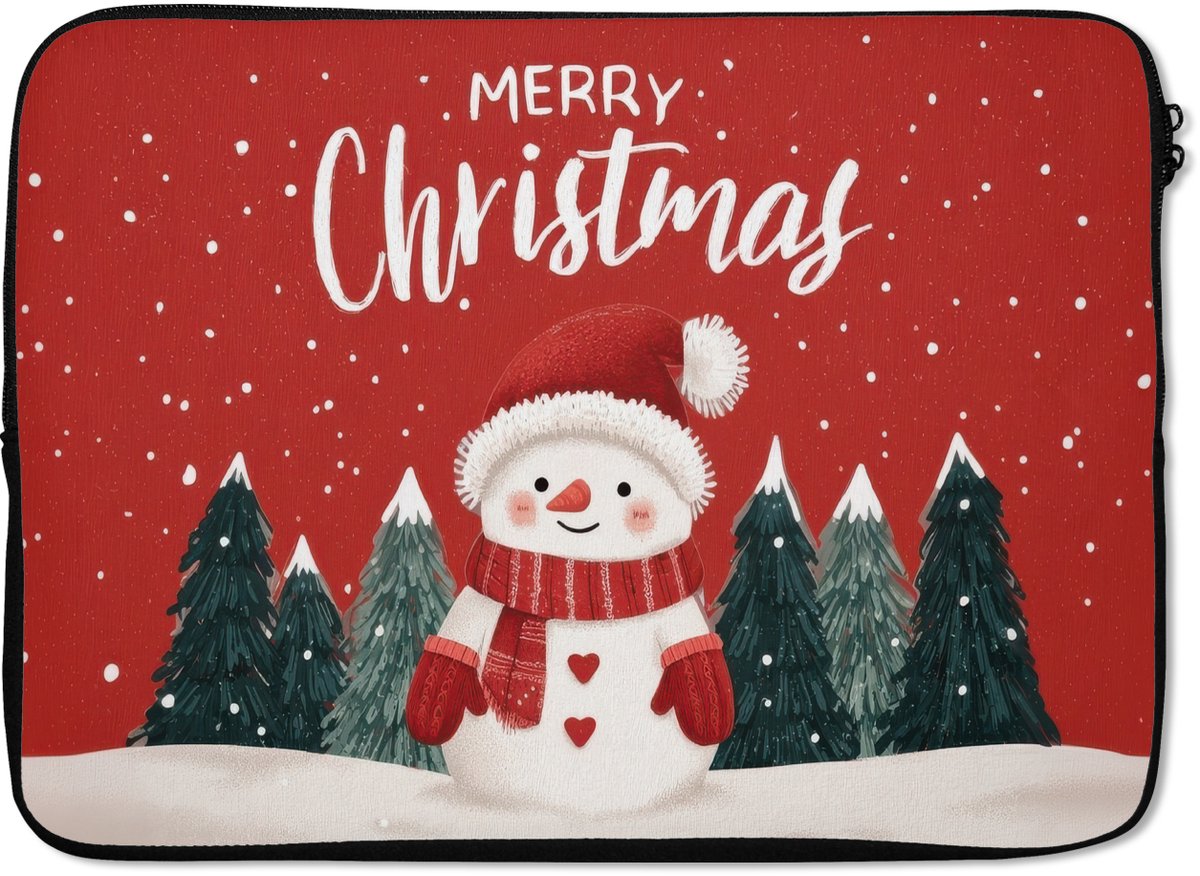 Laptophoes 14 inch - Kerstgroet - Sneeuw - Rood - Laptop sleeve - Binnenmaat 33x23 cm - Zwarte achterkant