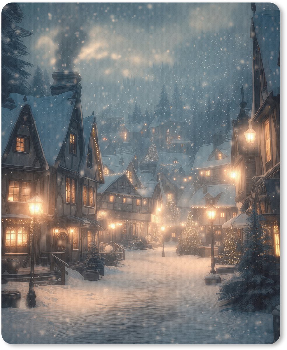 Muismat 19x23 cm - Mousepad Winterdorp - Sneeuw - Donker - Muismatten