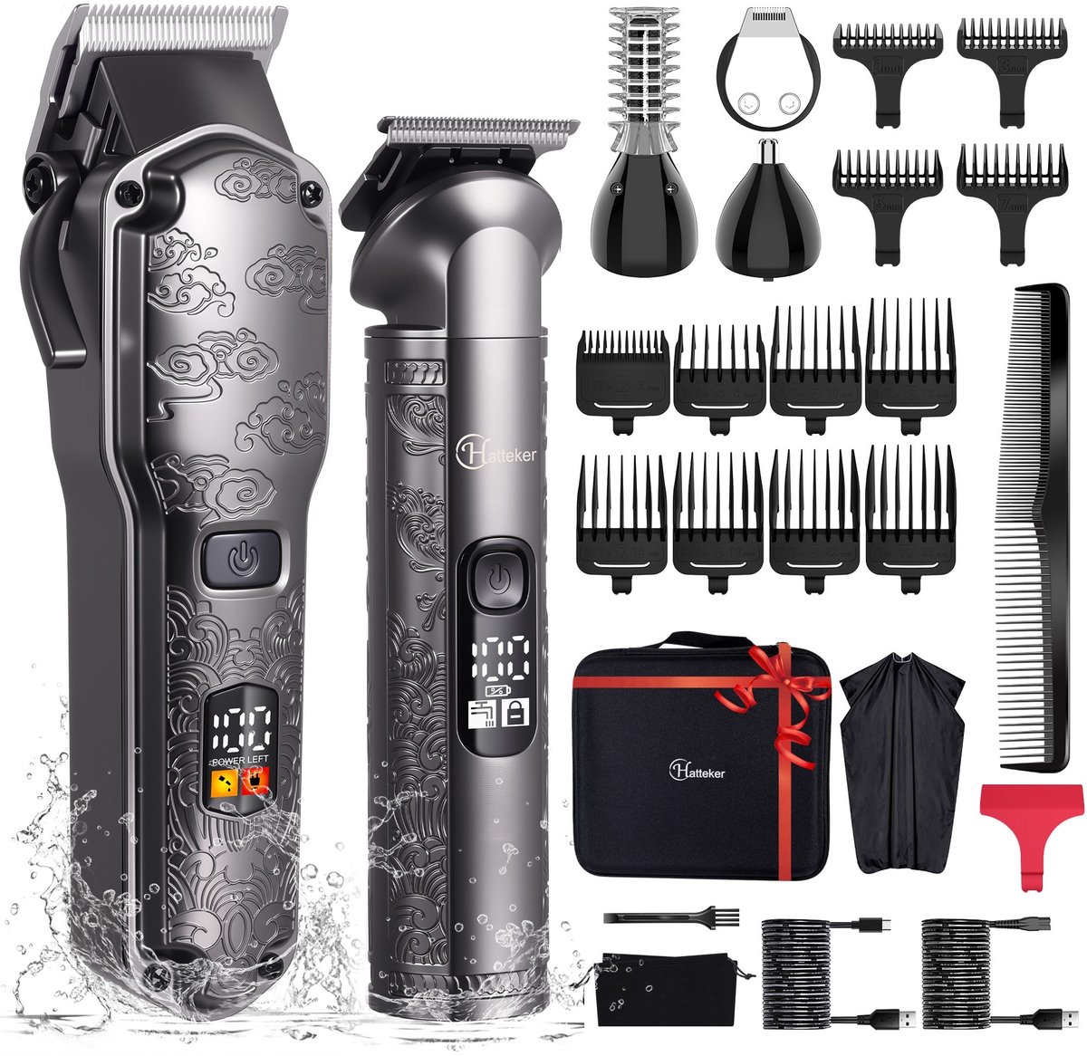 Hatteker Professionele Tondeuse en 4-in-1 Trimmer Set voor Heren – Haartrimmer, Baardtrimmer, Precisie Trimmer & Neustrimmer – Inclusief Kapperscape – IPX7 Waterdicht – USB Oplaadbaar – Draadloos T-Blade – Grijze