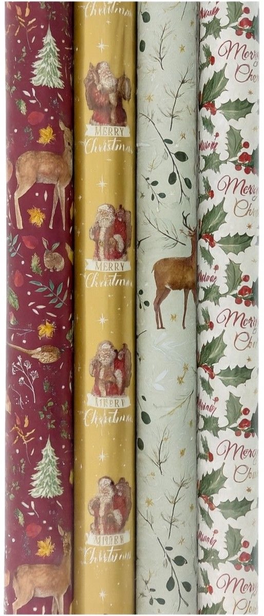 Kerstmis assortiment cadeaupapier - inpakpapier voor Kerst KE127 - 4 mtr x 70 cm - 4 rollen