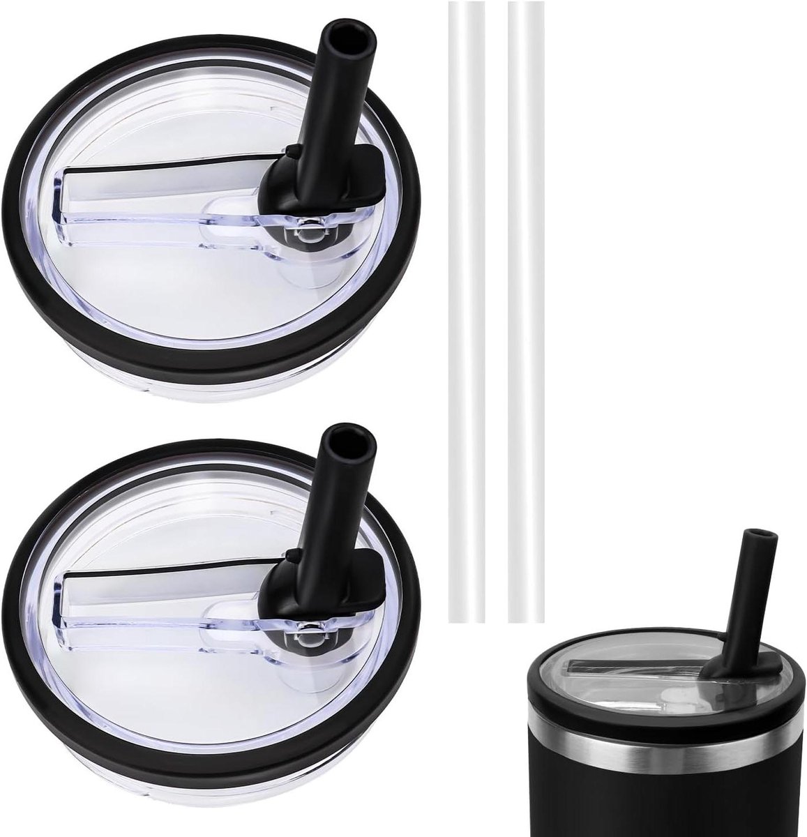 Image of 2-pack lekvrije reservedeksels voor drinkbekers - 122 ml - met 2 rietjes - zwart - herbruikbaar - gemakkelijk te drinken