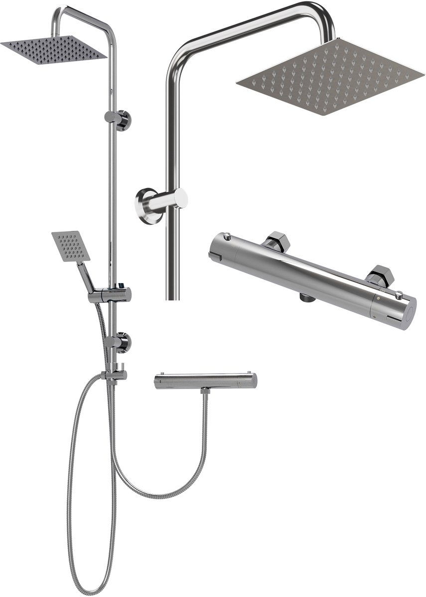 Doucheset met Thermostatische Kraan, Regendouche & Handdouche - Chroom