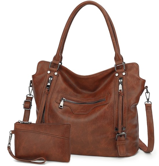 TAN.TOMI - Ensemble Sacs à main et portefeuille pour femme - Sac bandoulière - Grand cabas - Deux pièces - Marron - Cadeau de Saint-Valentin pour elle