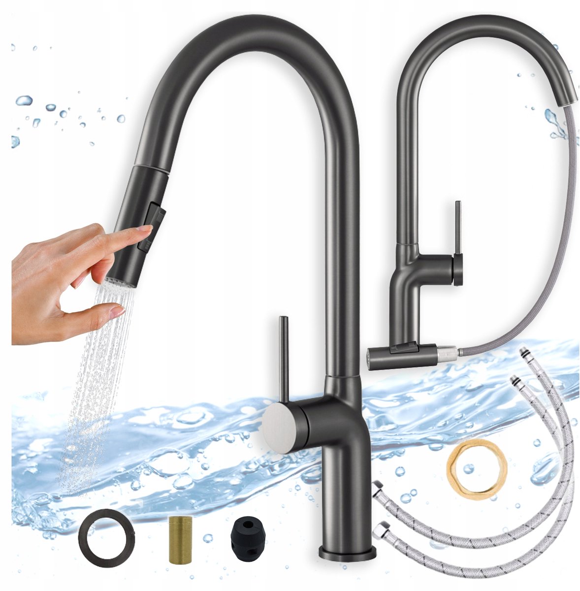 Keukenmengkraan Gun Metal met Uittrekbare Spuit, 2 Functies