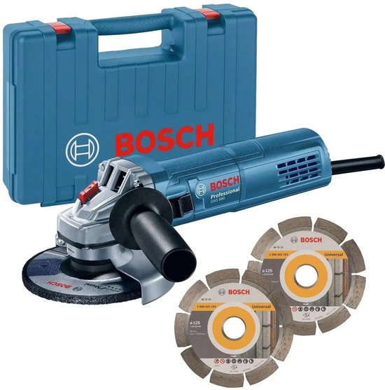 Bosch haakse slijper met handvat, koffer en twee diamantzaagbladen met gele cirkel.