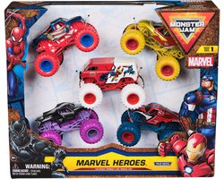 foto van Monster Jam Marvel Heroes 5-pack - Spider-Man, Black Panther, Iron Man, Captain America - Metalen voertuigen