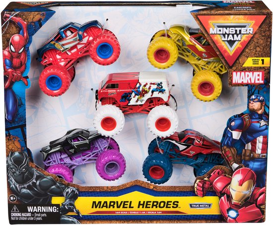 Monster Jam Marvel Heroes 5-pack - Spider-Man, Black Panther, Iron Man, Captain America - Metalen voertuigen