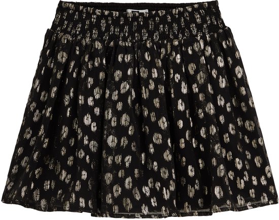 Zwarte rok met elastische tailleband en zilverkleurige glitterprint.