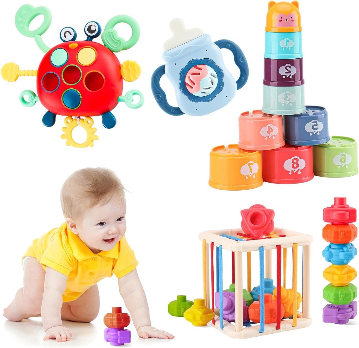 Provento - Montessori babyspeelgoed voor motoriek, stapelen en bijten - Geschikt voor 3, 6, 9, 12 maanden - Cadeau voor jongens en meisjes met trekkoord - Motoriekkubus