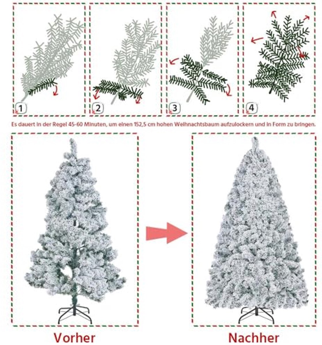 Yaheetech Kunstkerstboom met sneeuw, 152,5 cm (Ø ca. 93 cm) met ca. 532 punten, dennenboom met sneeuw, incl. metalen standaard, snelle montage, klapsysteem, boom voor Kerstmis – foto 7