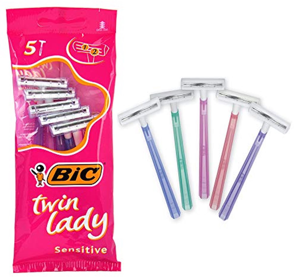 Bic Twin Lady Sensitive Razors, 5 packs of 5 (25 total) disposable razors - with two blades for a precise and precise shave