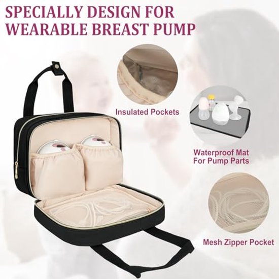 Moedermelk koeler, reistas, draagbare borstkolf opbergtas compatibel met Momcozy/Medela/Elvie/Willow borstkolf met ijspak en waterdichte mat, zwart — afbeelding 4