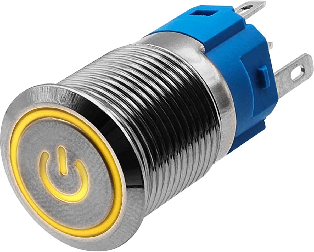 ProRide Metalen Drukschakelaar 12V ON-OFF - 16mm - Aan/uit schakelaar - Spatwaterdicht - 12V/24V - LED Indicatie Geel