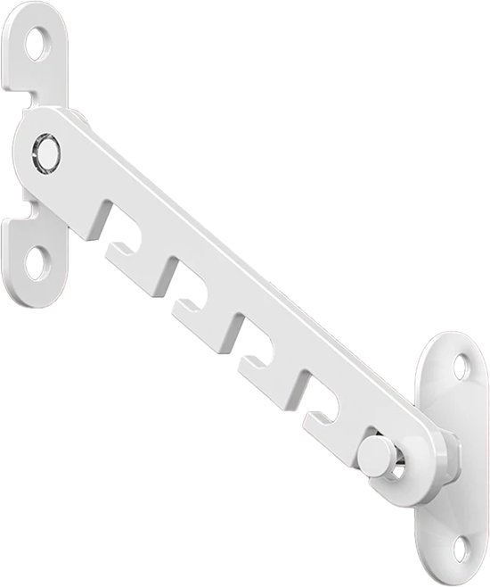 Wit metalen raamvastzetter met een scharnierende arm en sleutelgatenbevestiging.