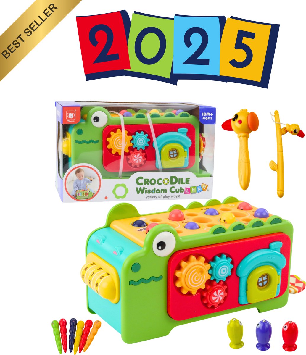 EduPlay Crocodile Educatieve Sensorische Kubus – Montessori Activiteitenspeelgoed met Muzikale Cimbaaltjes, Doolhof, Tandwielen en Magnetisch Hengelspel – Stimuleert Fijne Motoriek, Logisch Denken en Creativiteit – Speelgoed 1, 2, 3 Jaar - Met Ebook