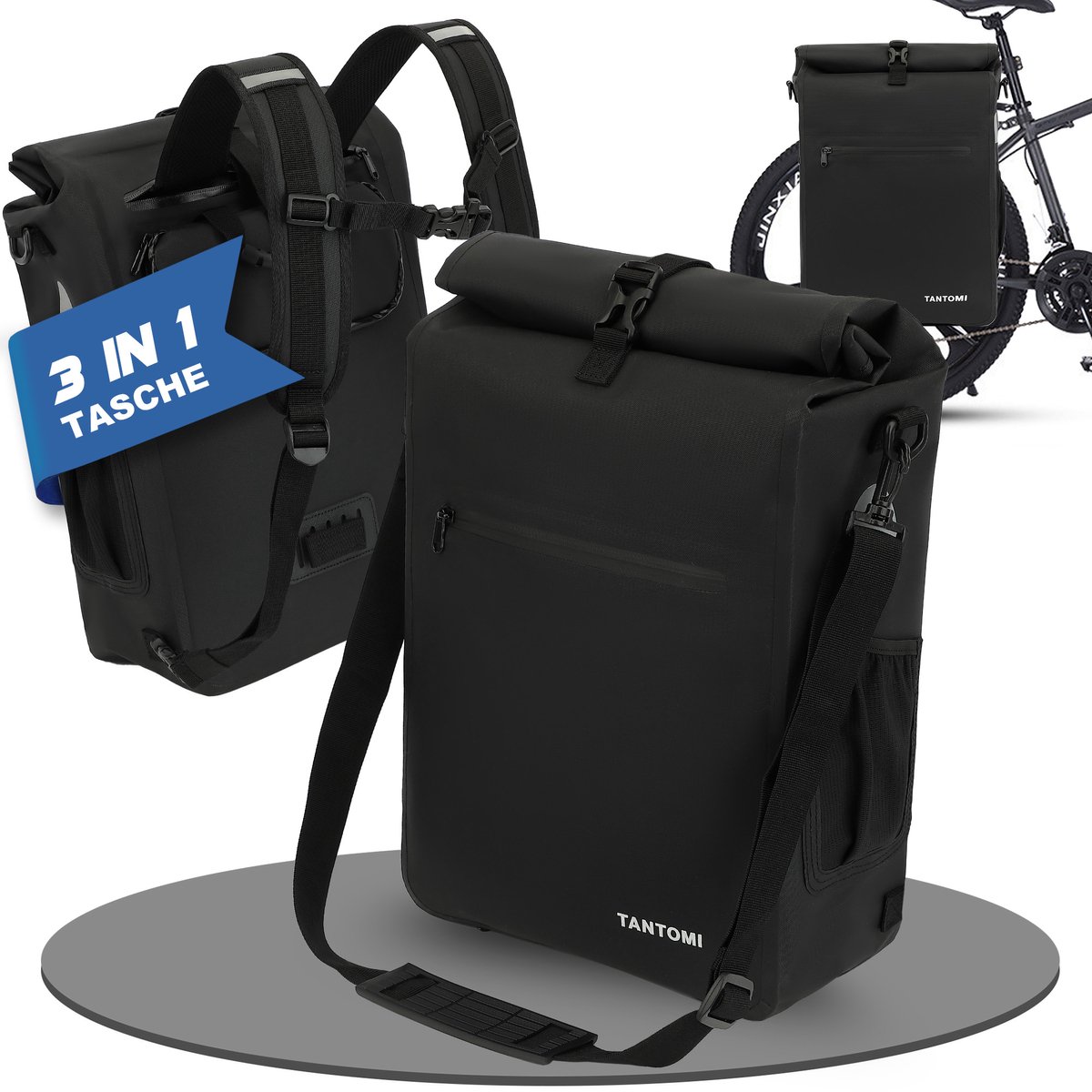 TAN.TOMI Fietstas / Rugtas / Schoudertas 3-in-1 – 28L – 100% Waterdicht – Met Laptopvak & Afneembare Schouderband – Reflecterend Logo - Zwart