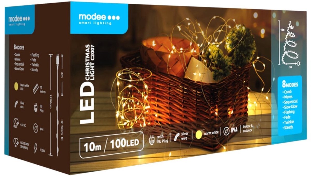 Modee Lichtsnoer Kerst 10 Meter - Kerstverlichting voor Buiten en Binnen - 100 LED Lampjes 8 Lichtstanden - IP44 - 2550K - Warm Wit Licht - 3 stuks
