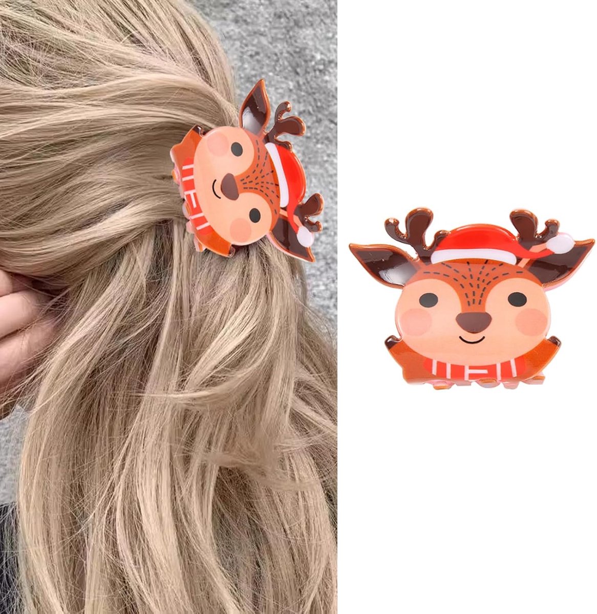 Daity Kersthaarspelden - schattige elandklauwclips - winterse kerstkerstmuts met rendiermotief - antisliphaarspelden van acryl - haaraccessoires met kerstrollenspelthema