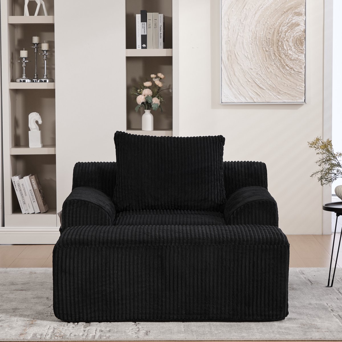 Extreem grote luie stoel met opstapjes, leunstoel van kordfluweel met zijzakken en kussen, diepe zitting, moderne gepolsterde fauteuil, zachte relaxstoel zonder harde randen, geen montage vereist- Zwart