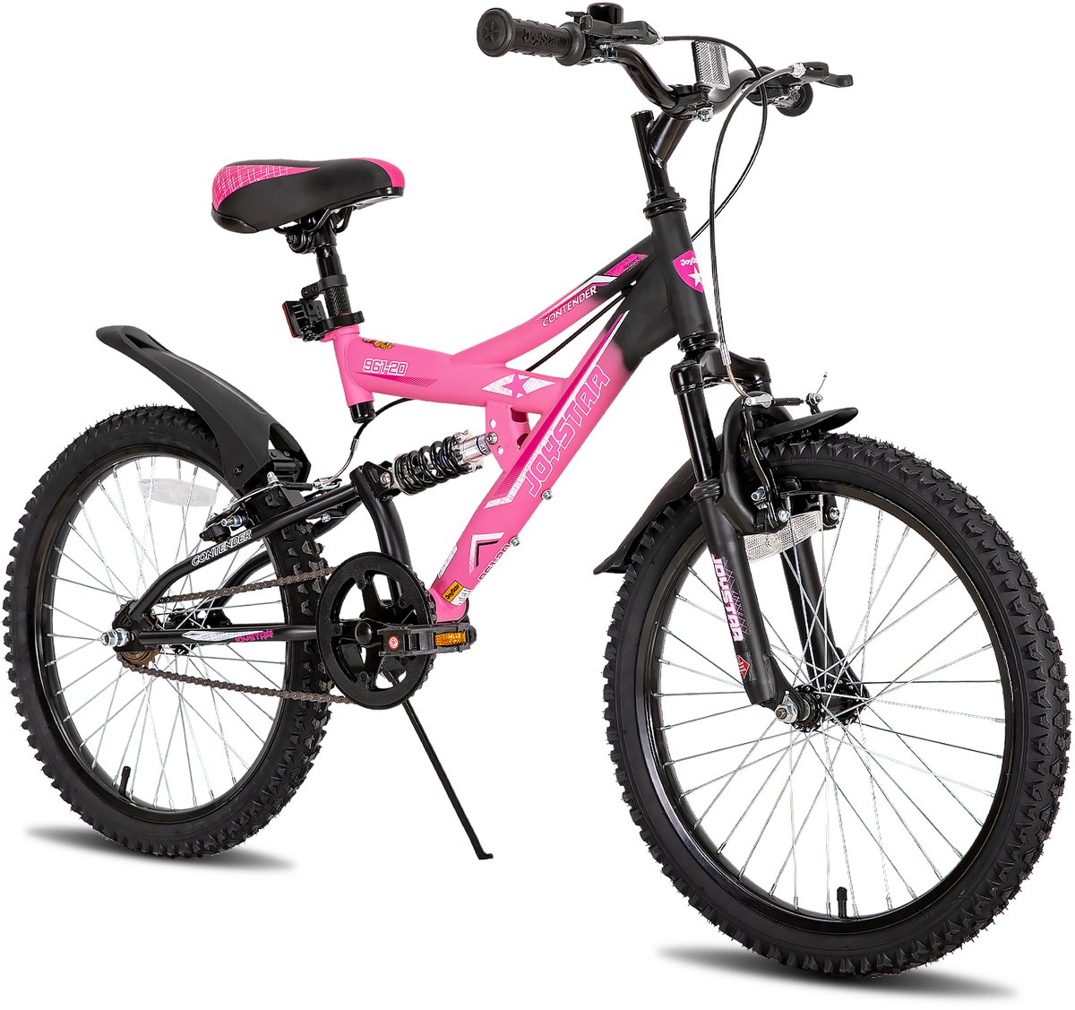 Joystar Contender Full Suspension Kinder Mountainbike - 20" - Handrem - Rem - Bel - Spatborden - Roze - Geschikt voor buitenactiviteiten in de lente