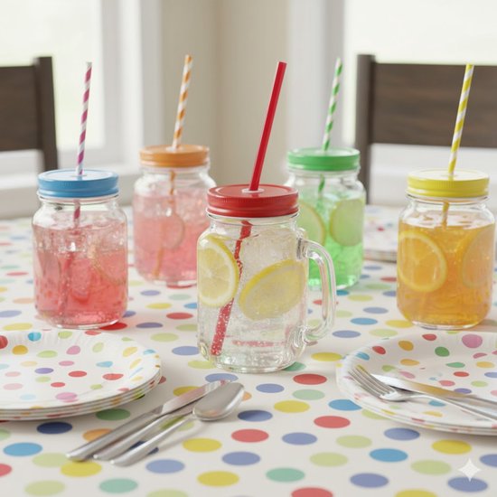 6x stuks Glazen Mason Jar drinkbekers met dop en rietje 500 ml - 3x zwart/3x rood - afsluitbaar/niet lekken/fruit shakes van QUVIO — afbeelding 2