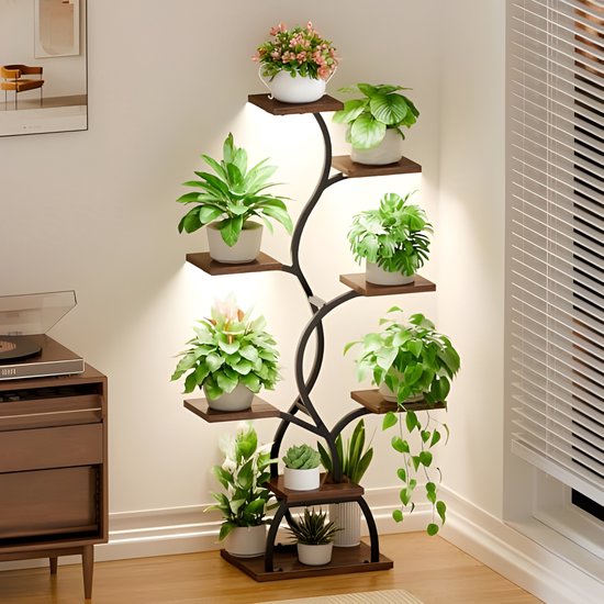 Tikea Zeshoekige plantenstandaard voor binnen en buiten, hout, creatief doe-het-zelf plantenrek, bloemenrek voor ramen, hoek, woonkamer, balkon, tuin, kantoor (7 verdiepingen, 141 x 25 x 97 cm