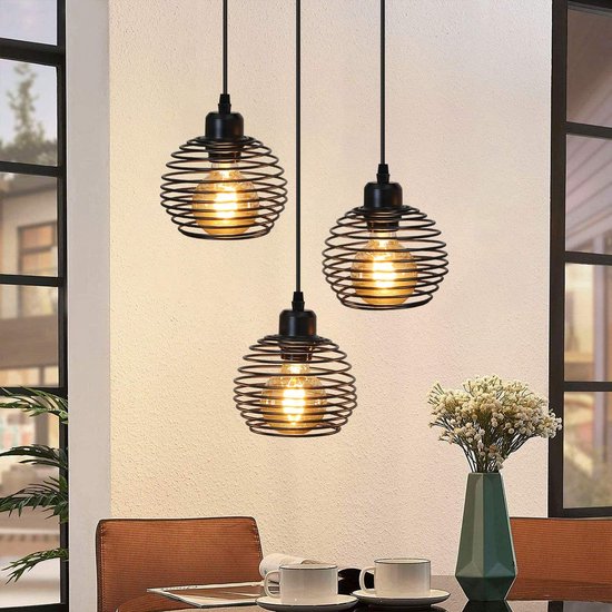 Glitzerlife - Eetkamer Hanglamp - Zwart Metaal Rond 3-lichts E27 Fitting - Vintage Retro Industrieel Design - Voor Keuken, Woonkamer, Studeerkamer, Exclusief Lichtbron, Niet Draaibaar, Niet Waterdicht