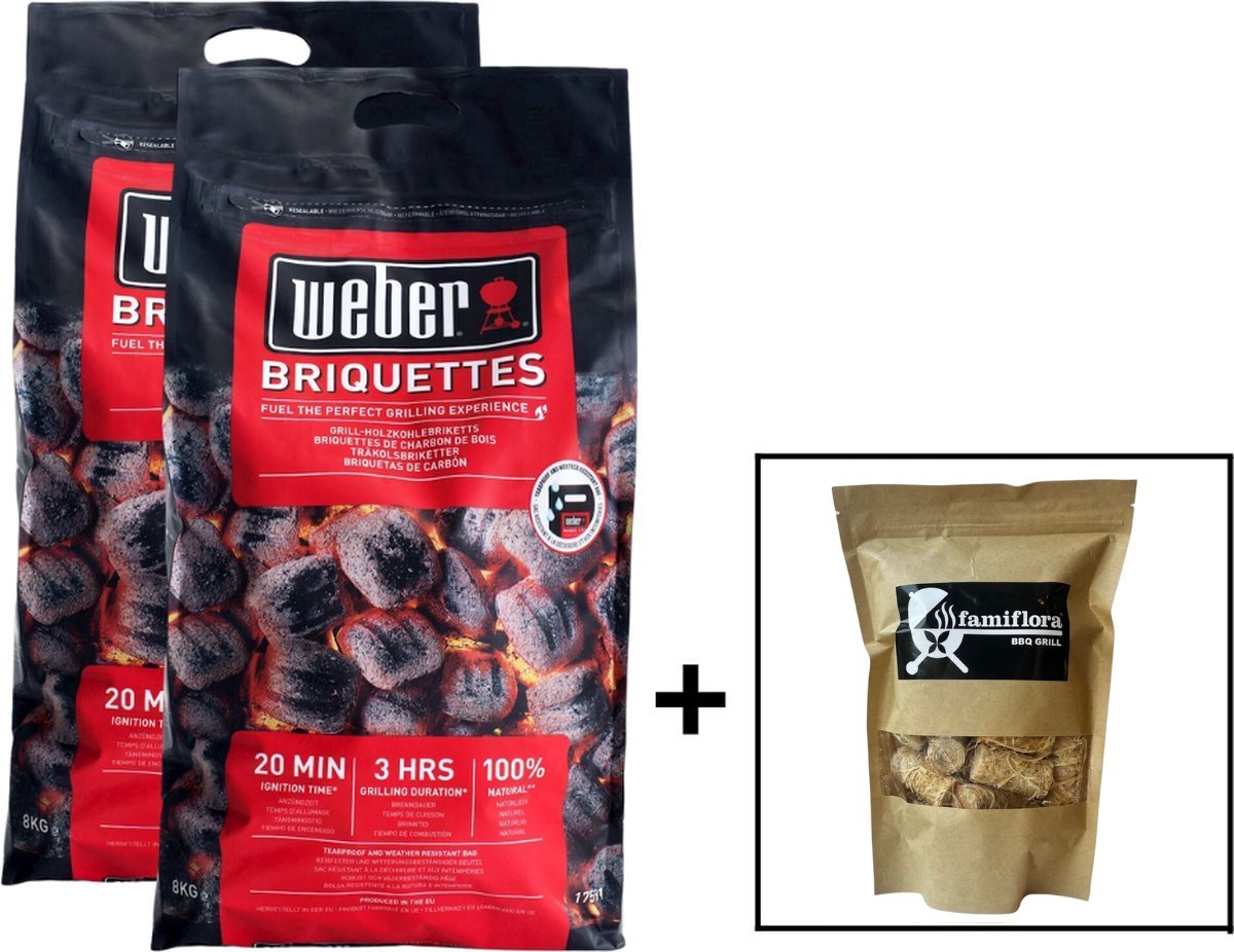 Weber aanmaakblokjes barbecue 16KG (2 x 8KG) + gratis Famiflora houtwol aanmaakhout (+/- 24 stuks. totaal: 325 GR) - BBQ briketten voordeelverpakking