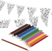Knutsel papieren vlaggenlijn om in te kleuren 3m incl. potloden - Hobbymateriaal/knutselmateriaal vlaggenlijnen inkleuren