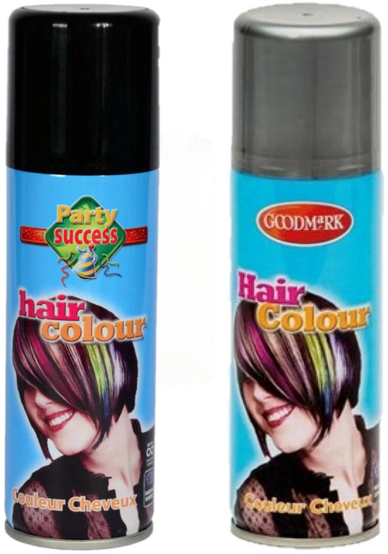 Twee bussen haarspray van Party Success en Goodmark met een afbeelding van haar met kleurrijke accenten.