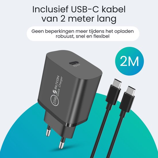 Adaptateur USB C Siltcon® 25 W - Chargeur rapide USB C - Chargeur USB C - Convient pour chargeur Samsung - Universel, entre autres Téléphones et Tablettes - Câble USB-C de 2 mètres inclus
