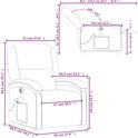 Technische tekening van een donkergroene fauteuil met massagefunctie, met afmetingen.