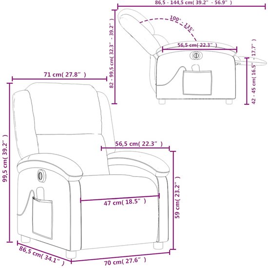 Technische tekening van een donkergroene fauteuil met massagefunctie, met afmetingen.