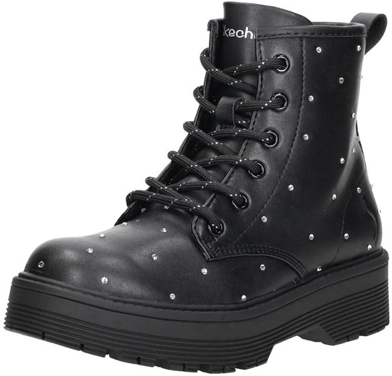 Zwarte Skechers laars versierd met witte stippen, met veter- en ritsluiting.