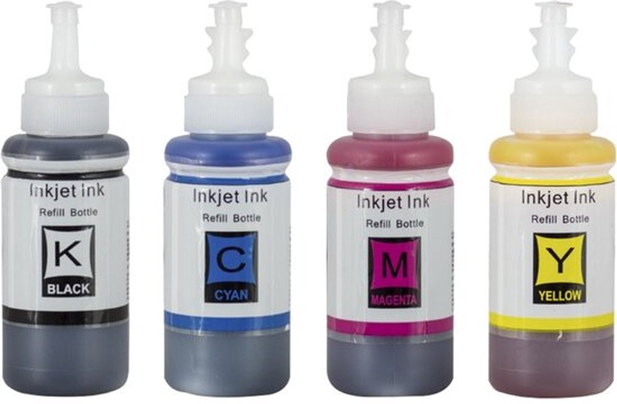 T664/T673 Set Zwart + Alle Kleuren Huismerk Inktflessen 4x 100ml | Geschikt voor Epson EcoTank ET-2500/ET-2550/ET-2600/ET-2610/ET-2650/ET-3600/ET-4500/ET-4550/ET-14000/ET-16500/ET-L300/ET-L355/ET-L555/ET-L810/ET-L850/Epson L800/L801/L805/L1800