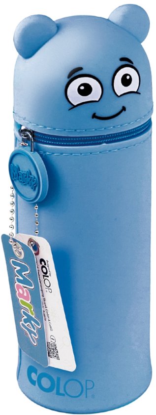 Blauw siliconen etui met berenmotief, met rits en COLOP logo.