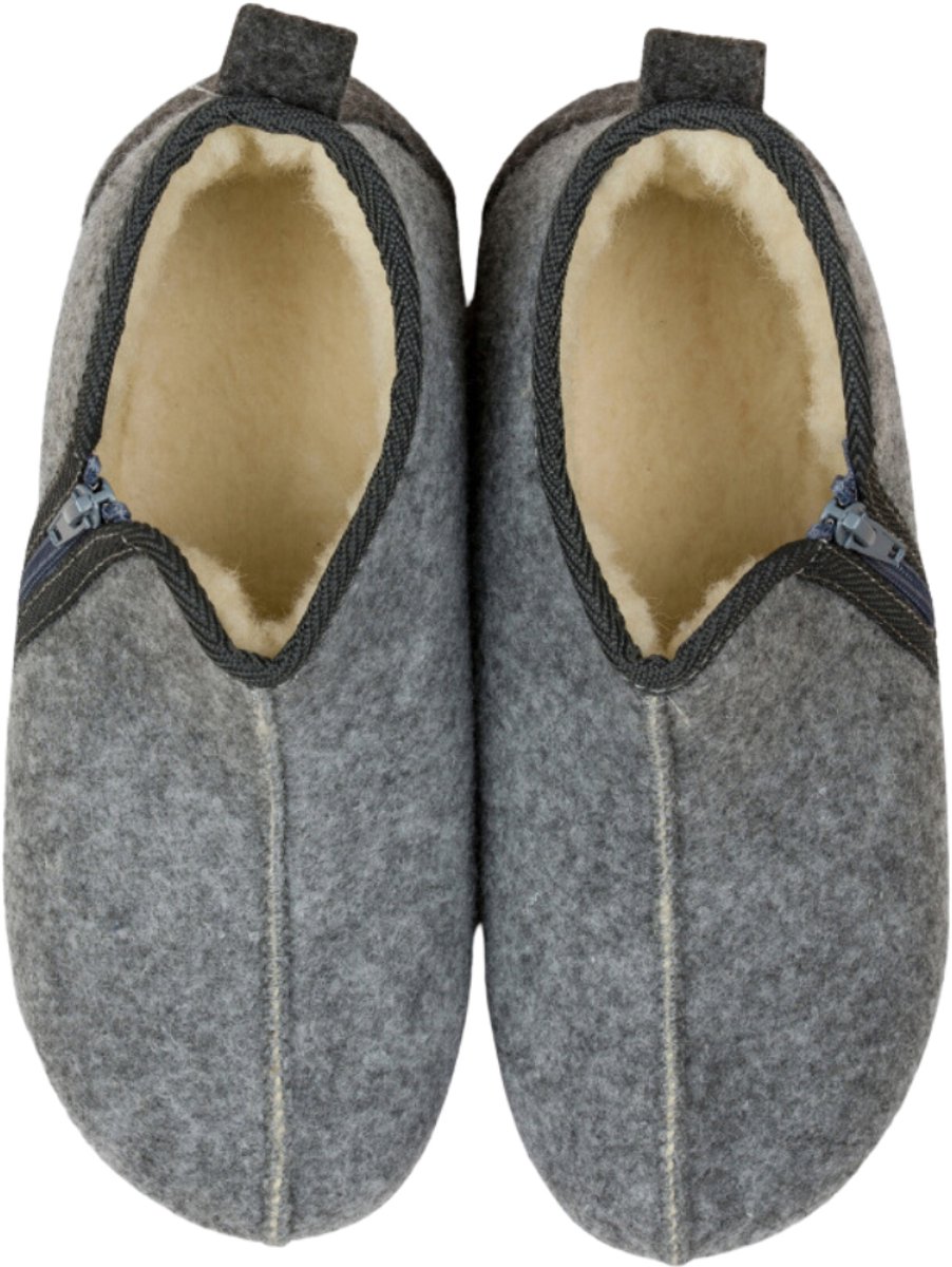 Wolvilten Pantoffels met Rits – Unisex – Warme Sloffen van Schapenwol – Rubberen Zool – Grijs – Maat 44
