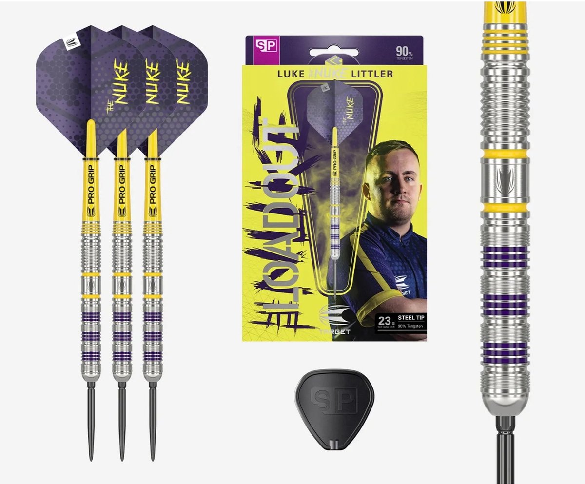 Target Darts Luke Littler Loadout Steel Tip Swiss Point Darts, 90% Tungsten Dart, 23G | Steel Tip Dart Set, Player Edition Swiss Points Dart Sets met Gereedschap, Pro Grip Shafts & No.2 Flights